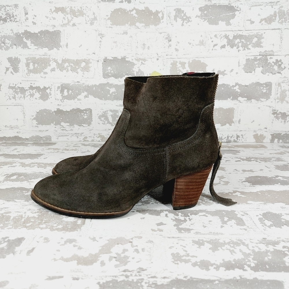 Morgan Olive Gray Suede Back Zip Block Heel Ankle Booties T125